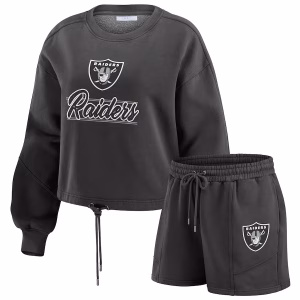 Raiders WEAR by Erin Andrews Women's Washed Fleece Long Sleeve T-Shirt & Shorts Lounge Set